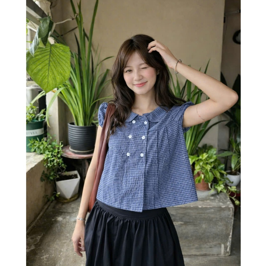 Áo baby doll kẻ cổ sen đính cúc ngực phong cách vintage MUZA A116