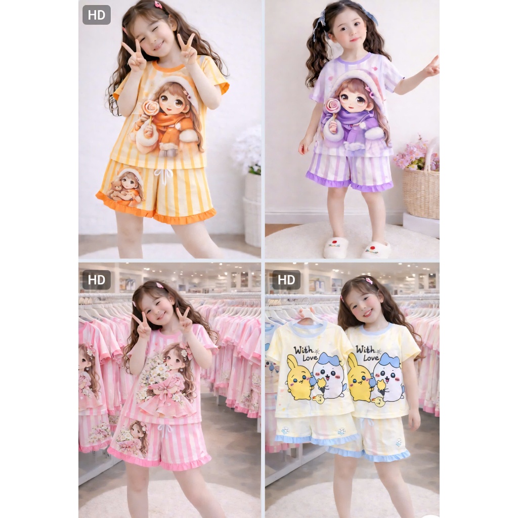 Bộ quần áo bé gái màu hồng cô gái dễ thương xinh xắn SZ 18 - 43 KG chất mát