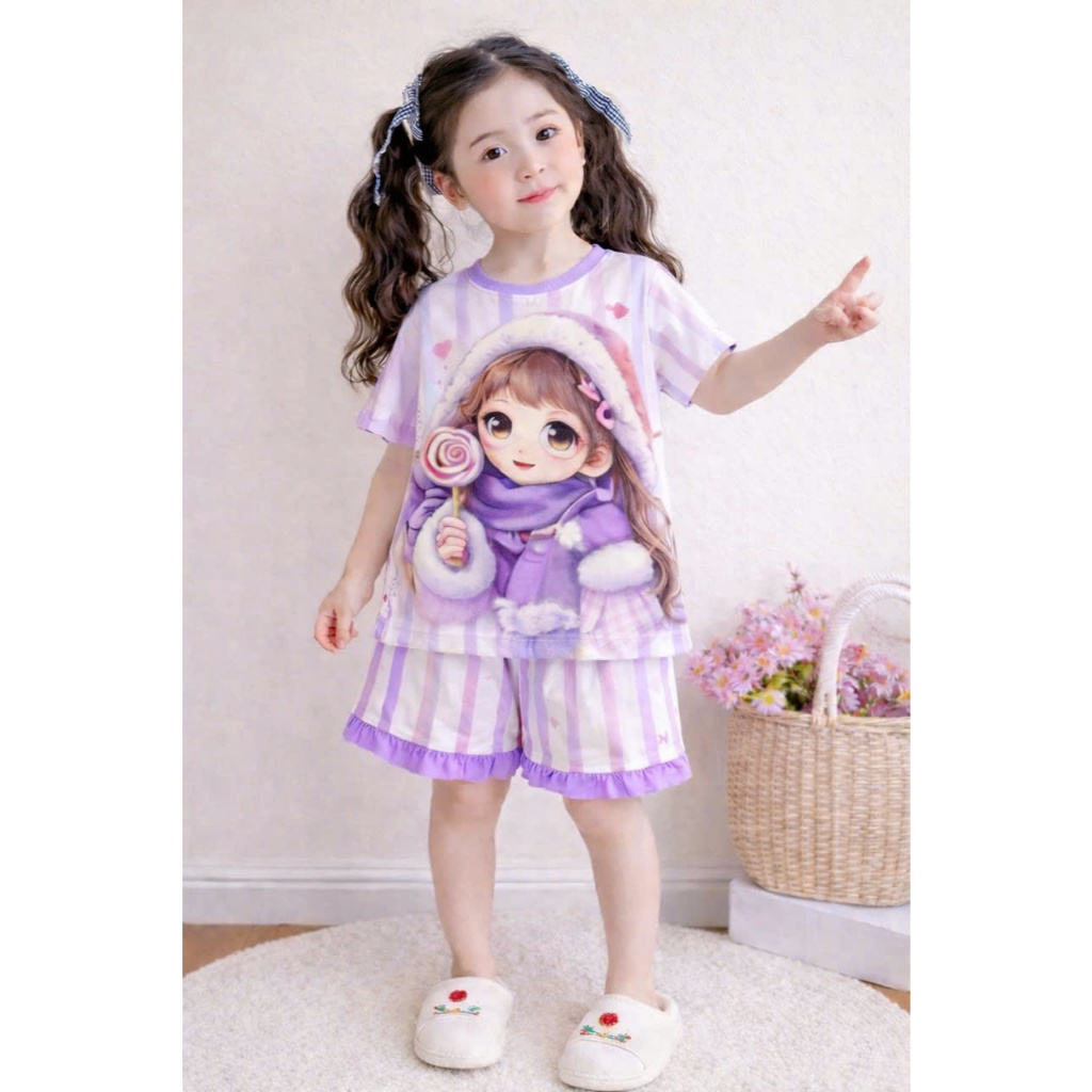Bộ quần áo bé gái màu hồng cô gái dễ thương xinh xắn SZ 18 - 43 KG chất mát