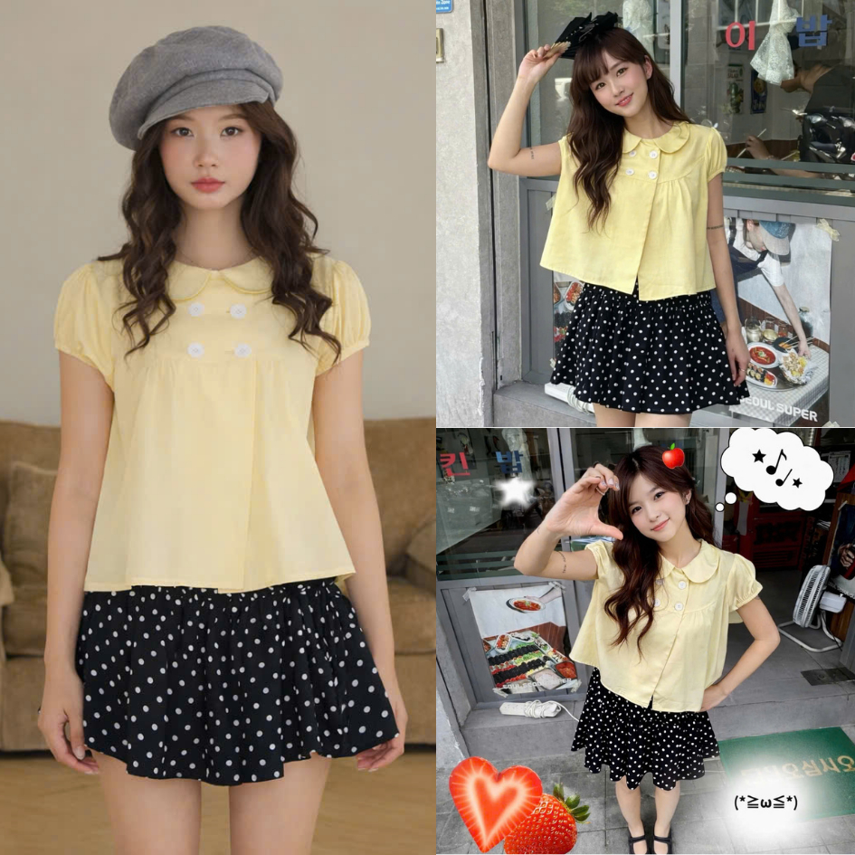 Áo babydoll cổ sen màu vàng chanh đáng yêu, áo dáng ngắn đính cúc cổ điệu đà MUZA A117