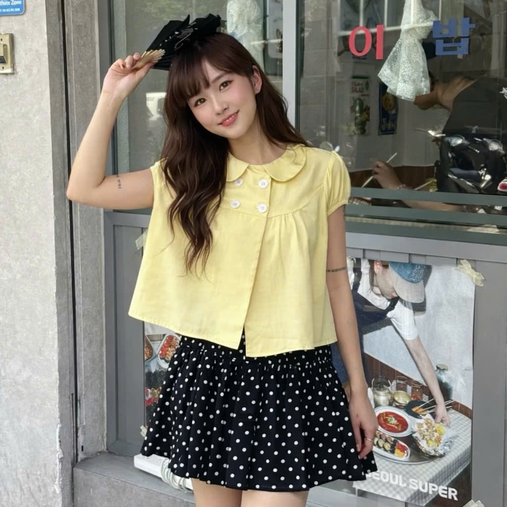 Áo babydoll cổ sen màu vàng chanh đáng yêu, áo dáng ngắn đính cúc cổ điệu đà MUZA A117