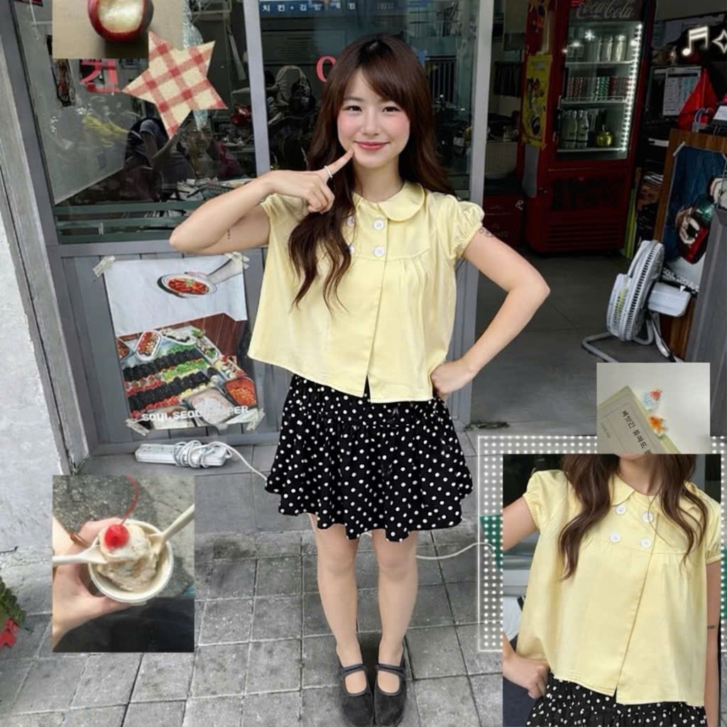 Áo babydoll cổ sen màu vàng chanh đáng yêu, áo dáng ngắn đính cúc cổ điệu đà MUZA A117