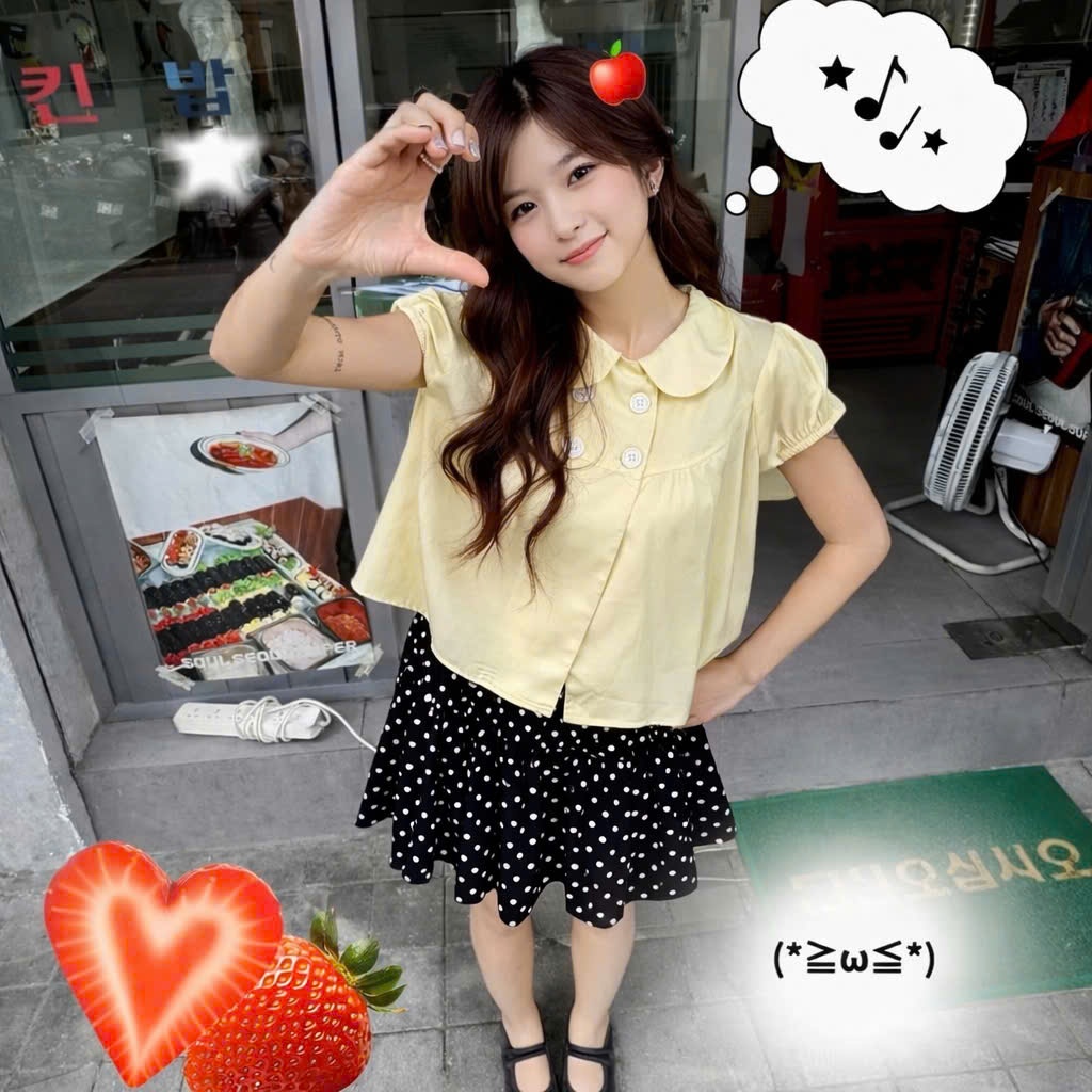 Áo babydoll cổ sen màu vàng chanh đáng yêu, áo dáng ngắn đính cúc cổ điệu đà MUZA A117