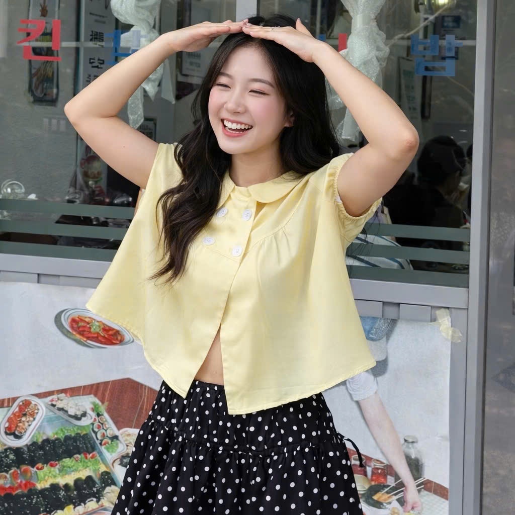 Áo babydoll cổ sen màu vàng chanh đáng yêu, áo dáng ngắn đính cúc cổ điệu đà MUZA A117