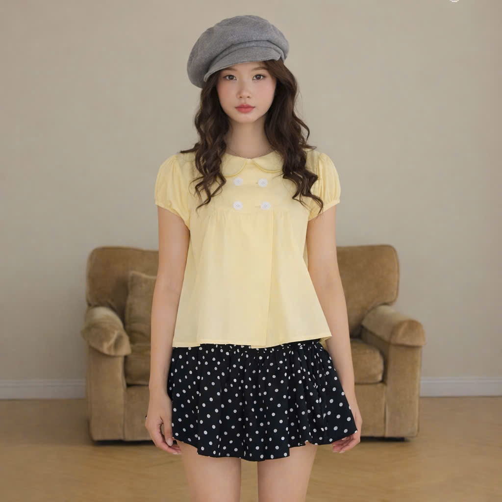 Áo babydoll cổ sen màu vàng chanh đáng yêu, áo dáng ngắn đính cúc cổ điệu đà MUZA A117