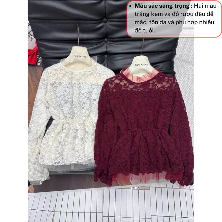 Áo ren nữ tay dài cổ tròn, áo kiểu nữ peplum chiết eo dáng xòe tiểu thư TINA HCOM26997