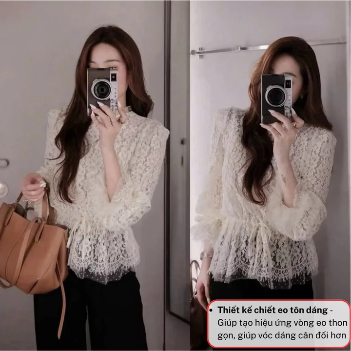 Áo ren nữ tay dài cổ tròn, áo kiểu nữ peplum chiết eo dáng xòe tiểu thư TINA HCOM26997