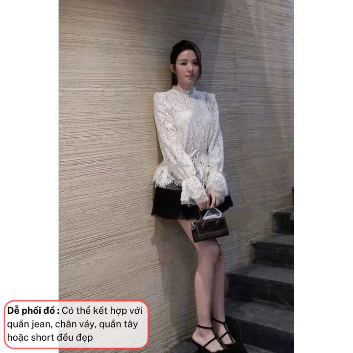 Áo ren nữ tay dài cổ tròn, áo kiểu nữ peplum chiết eo dáng xòe tiểu thư TINA HCOM26997