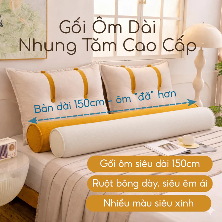 Gối Ôm Dài Nhung Tăm Cao Cấp 150cm, Gối Ôm Ngủ Êm Mềm Ruột Bông Gòn Kháng Khuẩn, Gối Ôm Thư Giãn Cho Giường Ngủ & Sofa