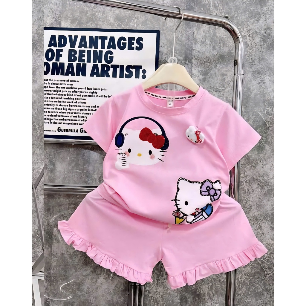Bộ bé gái hoạ tiết Mèo Hello Kitty Tai Phôn 2 màu, bộ mùa hè thoáng mát SZ 9 - 38 KG cho bé
