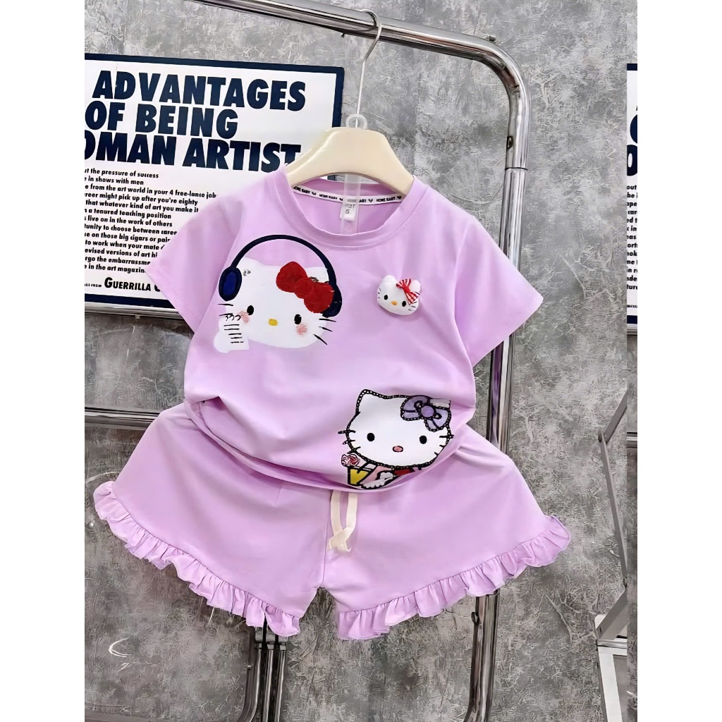Bộ bé gái hoạ tiết Mèo Hello Kitty Tai Phôn 2 màu, bộ mùa hè thoáng mát SZ 9 - 38 KG cho bé