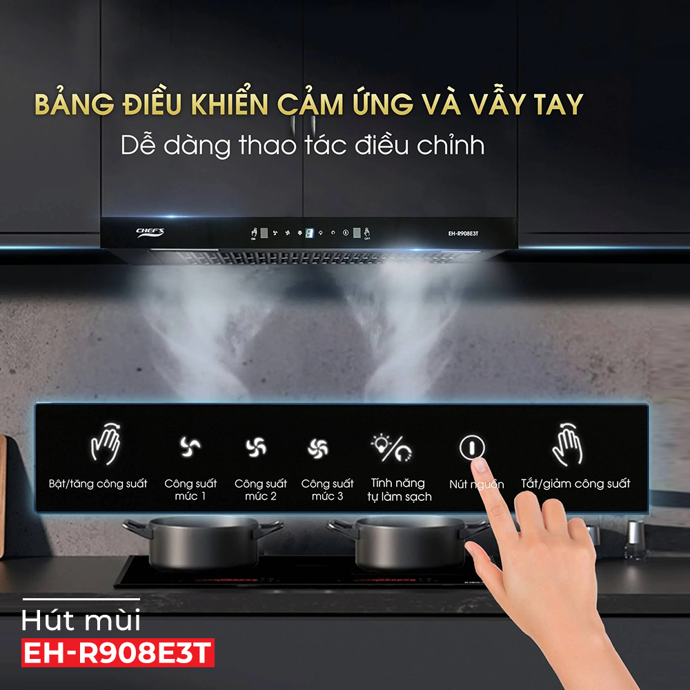 Máy hút mùi Chefs EH-R908E3T (70 cm), Tự động vệ sinh, Lực hút khoẻ, Chính hãng bảo hành