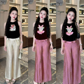 Sét áo nhung the sát nách thêu thỏ lót lụa + quần lụa dáng xuông