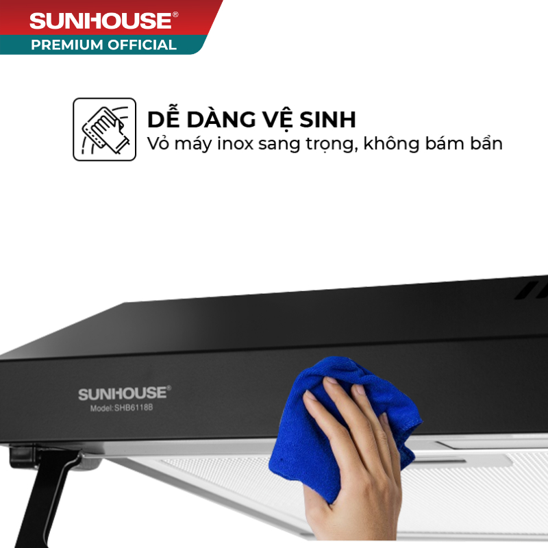 Máy hút mùi vỏ sơn SUNHOUSE SHB6118B - 3 công suất hút, đồ ồn thấp