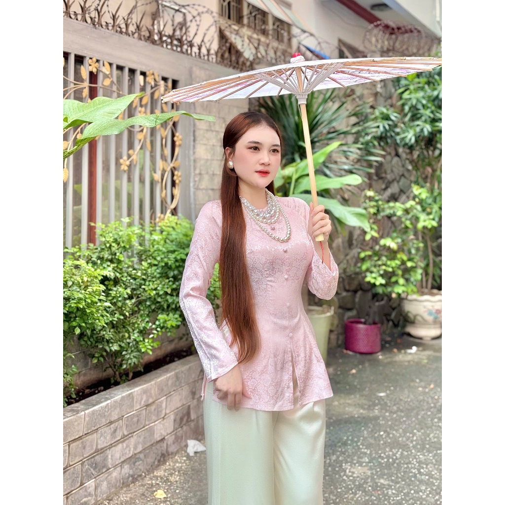 B.A185 - Áo Bà Ba Gấm HoA MAi THanh Nhã Cổ Tròn Dây Kéo Nút Bọc Nụ Tay Dài ( Quần Ngọc Trai )