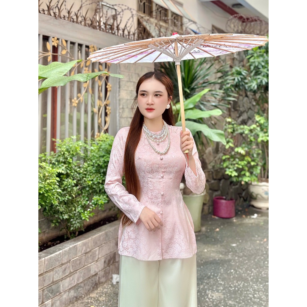 B.A185 - Áo Bà Ba Gấm HoA MAi THanh Nhã Cổ Tròn Dây Kéo Nút Bọc Nụ Tay Dài ( Quần Ngọc Trai )