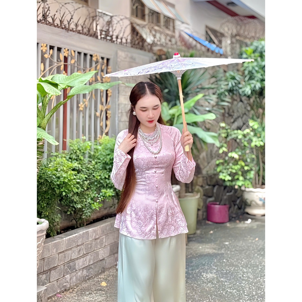 B.A185 - Áo Bà Ba Gấm HoA MAi THanh Nhã Cổ Tròn Dây Kéo Nút Bọc Nụ Tay Dài ( Quần Ngọc Trai )
