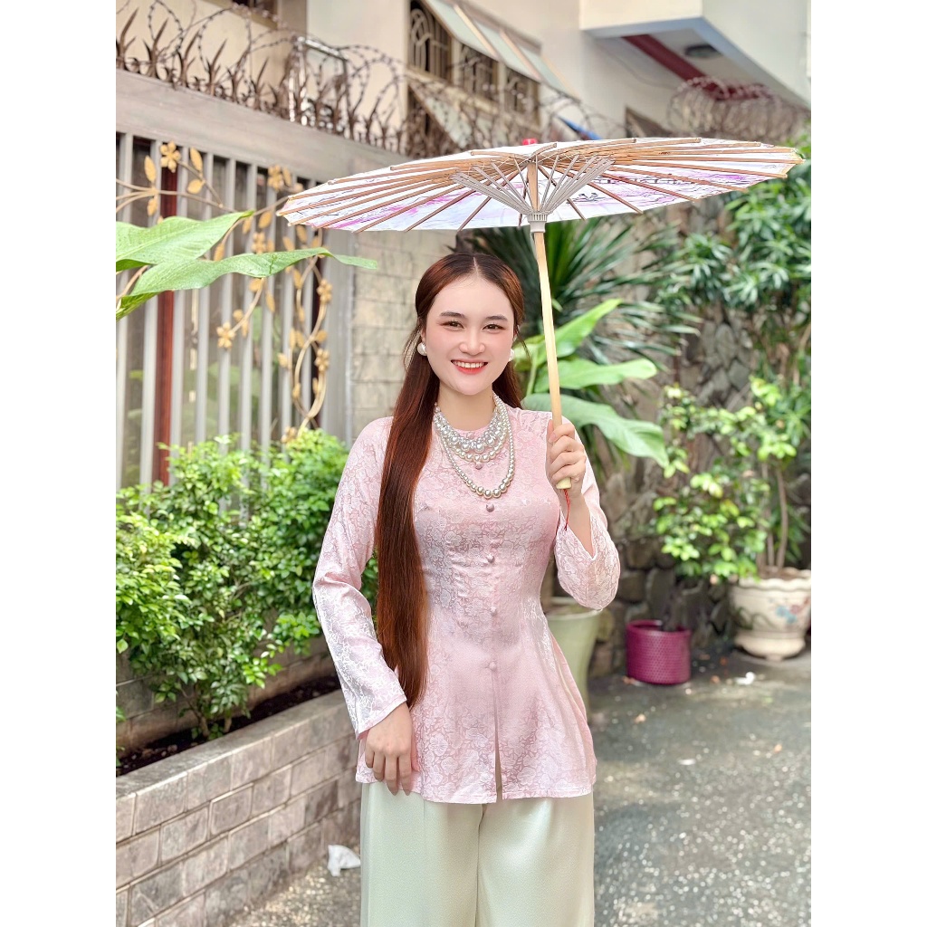 B.A185 - Áo Bà Ba Gấm HoA MAi THanh Nhã Cổ Tròn Dây Kéo Nút Bọc Nụ Tay Dài ( Quần Ngọc Trai )