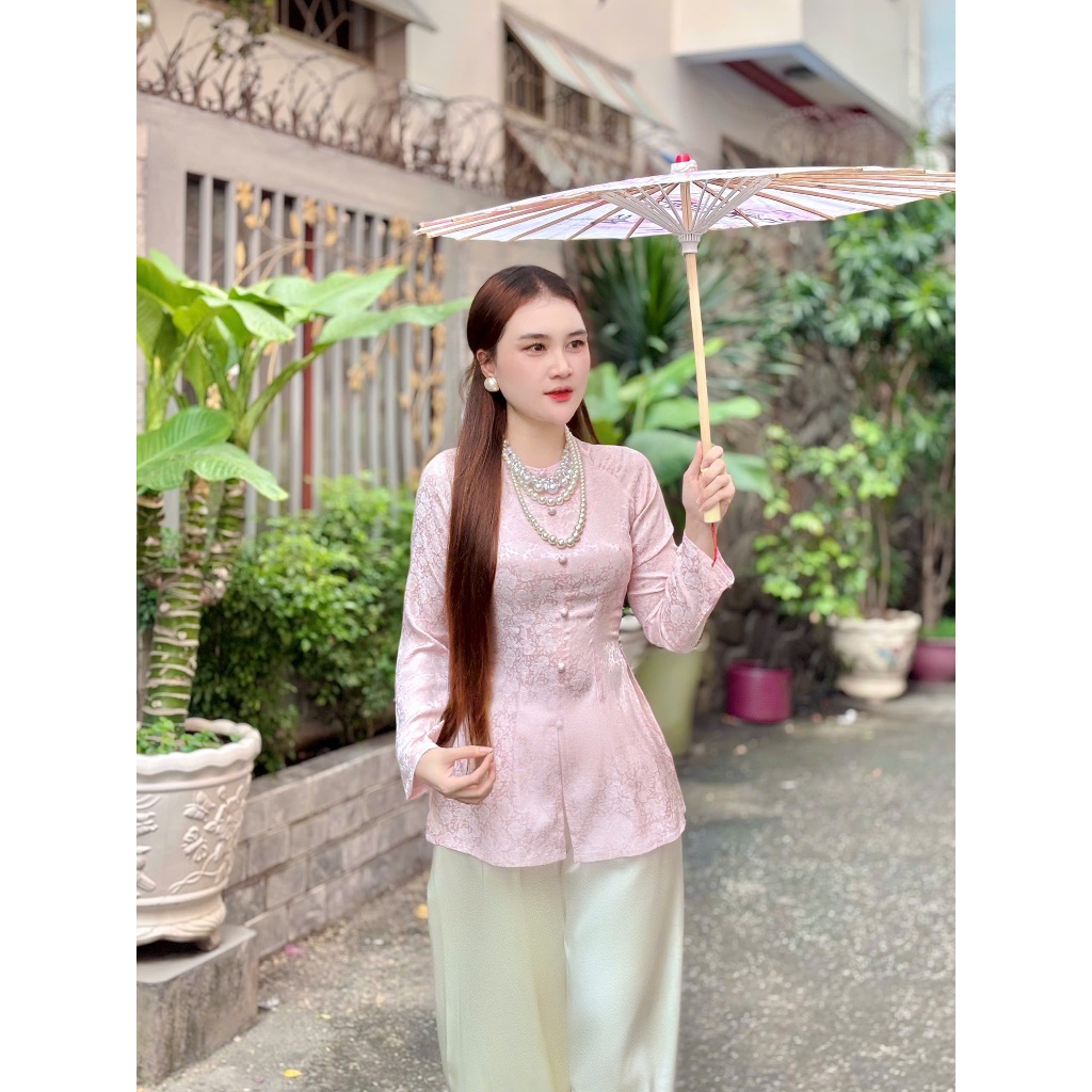 B.A185 - Áo Bà Ba Gấm HoA MAi THanh Nhã Cổ Tròn Dây Kéo Nút Bọc Nụ Tay Dài ( Quần Ngọc Trai )