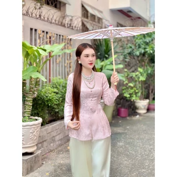 Hân Nguyễn Áo Bà Ba - B.A185 - Áo Bà Ba Gấm Hoa Mai Thanh Nhã Cổ Tròn Dây Kéo Nút Bọc Nụ Tay Dài ( Quần Ngọc Trai )