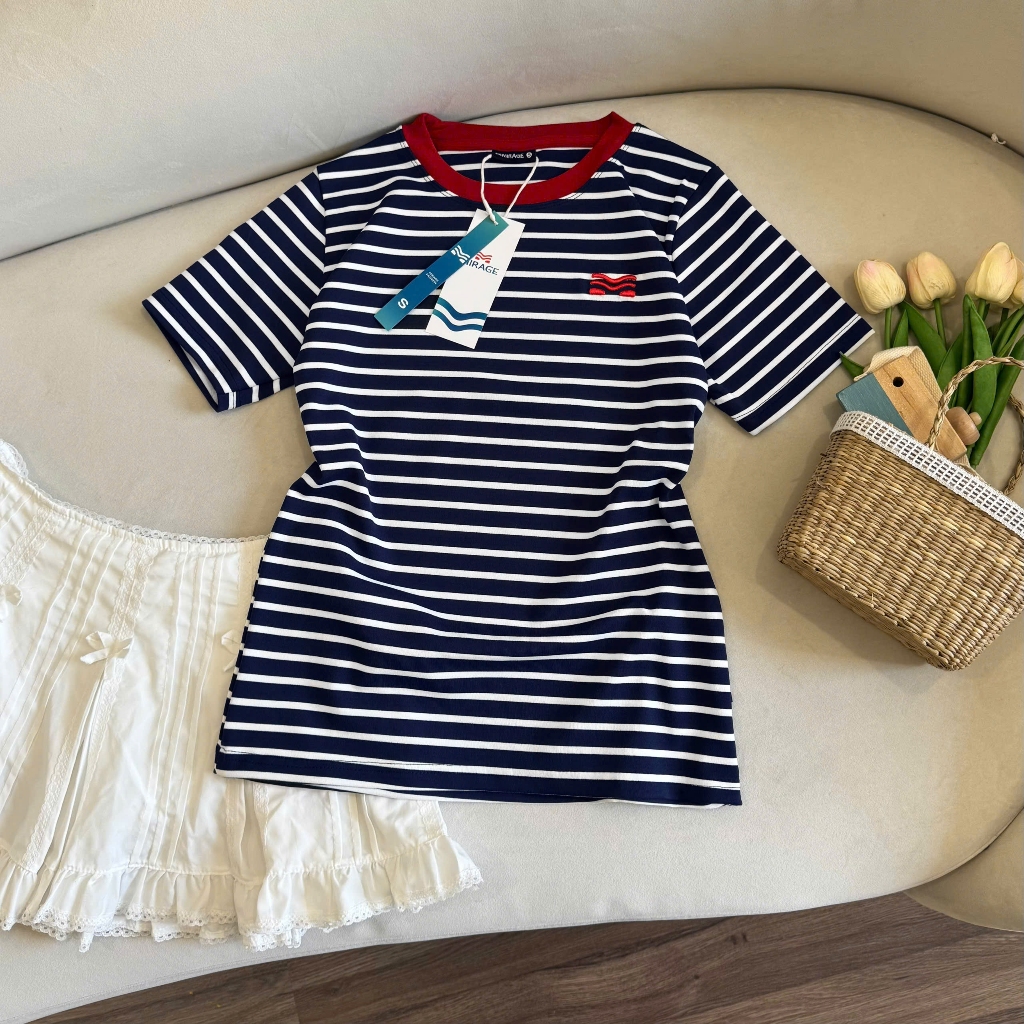 Áo Thun Mirage Cổ Viền Đỏ Sọc Xanh Bắt Mắt Local Brand Chất Cotton Mềm Mịn.