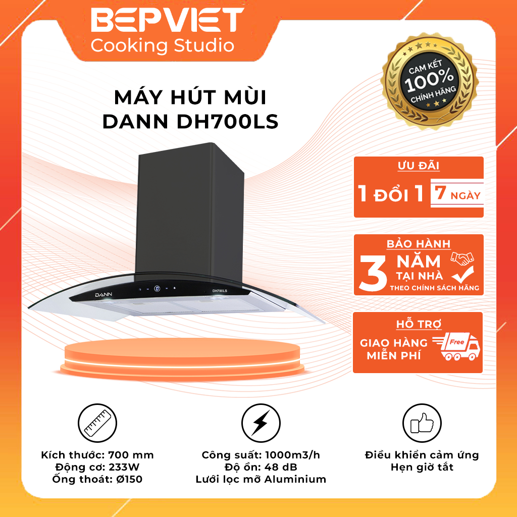 Máy hút mùi điều khiển cảm ứng, hẹn giờ tắt Dann DH700LS  [Đèn led, Công suất 1000m3/h, độ ồn thấp)