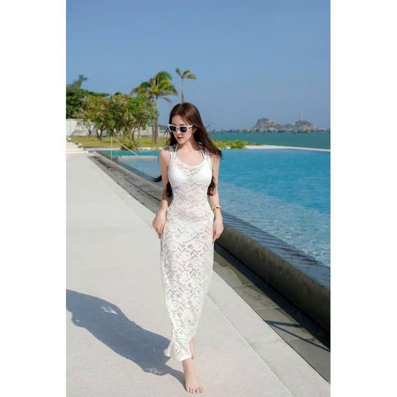 [BKN 559] Sét 3 món áo bra có mút ngực,quần bikini hai lớp kèm ĐẦM REN DÀI TRẮNG chuẩn hình Duyên dáng HAN.T SHOP