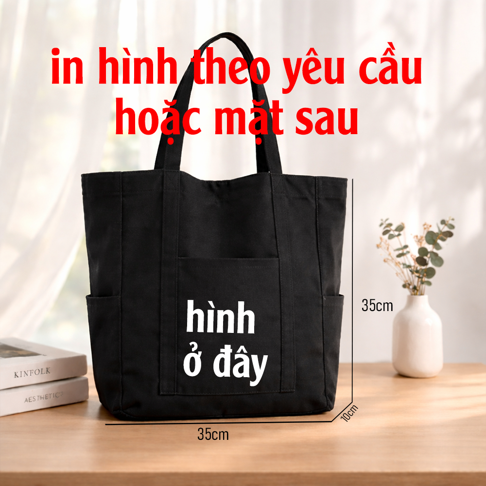 Túi Tote Có Khóa IN THEO YÊU CẦU - vải canvas kéo khóa đa chức năng túi xách vải có túi phụ (khách gửi hình in yêu cầu)