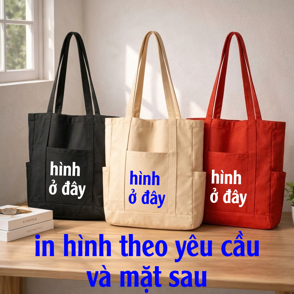 Túi Tote Có Khóa IN THEO YÊU CẦU - vải canvas kéo khóa đa chức năng túi xách vải có túi phụ (khách gửi hình in yêu cầu)