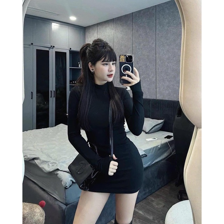 Đầm nữ, váy nữ DONNA HCOM3455 tay dài xỏ ngón màu đen che khuyết điểm, tôn dáng
