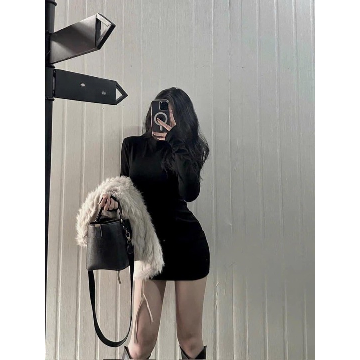 Đầm nữ, váy nữ DONNA HCOM3455 tay dài xỏ ngón màu đen che khuyết điểm, tôn dáng