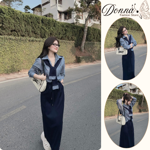 Set đồ nữ, đồ bộ nữ DONNA HCOM25798 áo sơ mi kèm khăn choàng mix chân váy suông dài