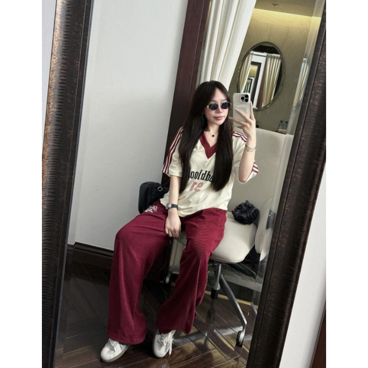 Set đồ nữ, đồ bộ nữ DONNA HCOM25534 áo cổ V phối 2 màu mix quần suông dài dáng thể thao trẻ trung