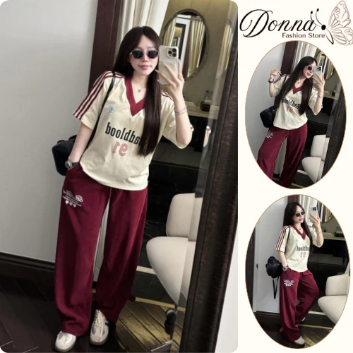 Set đồ nữ, đồ bộ nữ DONNA HCOM25534 áo cổ V phối 2 màu mix quần suông dài dáng thể thao trẻ trung