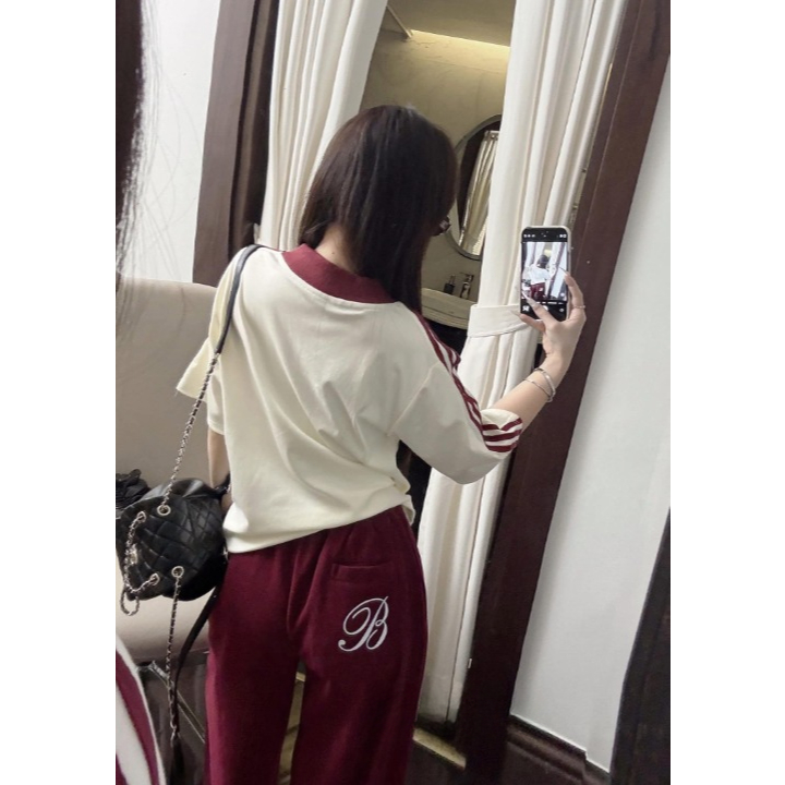 Set đồ nữ, đồ bộ nữ DONNA HCOM25534 áo cổ V phối 2 màu mix quần suông dài dáng thể thao trẻ trung