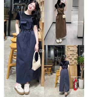 Set yếm Nữ mặc đi chơi dễ thương áo thun tăm tay ngắn cổ tròn yếm rút dây eo thời trang có túi chất tuyết mưa mịn mát