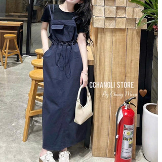 Set yếm Nữ mặc đi chơi dễ thương áo thun tăm tay ngắn cổ tròn yếm rút dây eo thời trang có túi chất tuyết mưa mịn mát