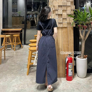 Set yếm Nữ mặc đi chơi dễ thương áo thun tăm tay ngắn cổ tròn yếm rút dây eo thời trang có túi chất tuyết mưa mịn mát