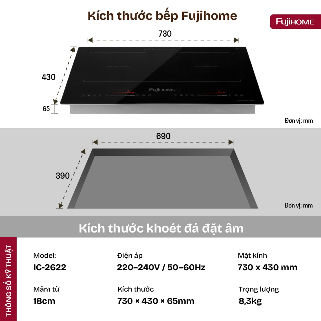 Bếp từ đôi lắp âm 4400W nấu nhanh tiết kiệm điện, Nhập Khẩu FUJIHOME IC2622 mặt kính Kanger
