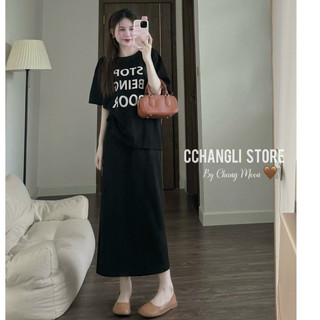 Set váy borip tici thời trang nữ trẻ trung nhẹ nhàng mặc đi chơi cổ tròn áo tay ngắn họa tiết in váy dài