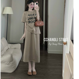 Set váy borip tici thời trang nữ trẻ trung nhẹ nhàng mặc đi chơi cổ tròn áo tay ngắn họa tiết in váy dài