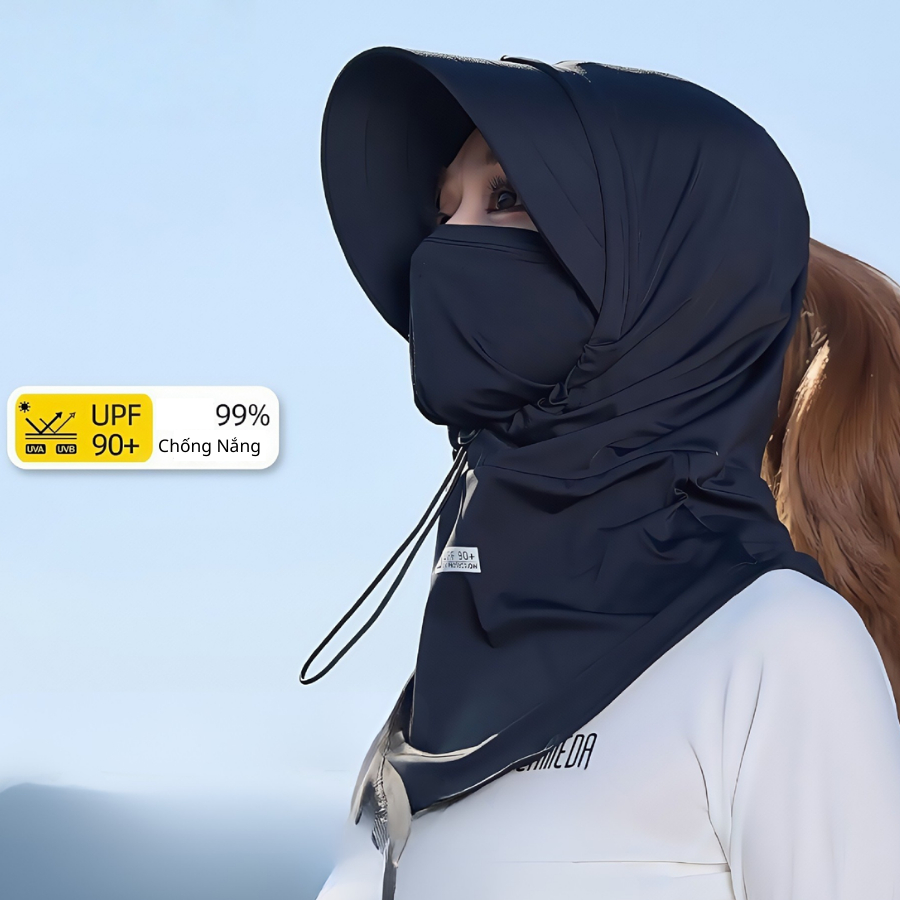 Mũ Chống Nắng Lụa Lạnh Trùm Đầu Chống Tia UV 99% Kèm Khẩu Trang Che Mặt, Mũ Chống Nắng Thoáng Khí