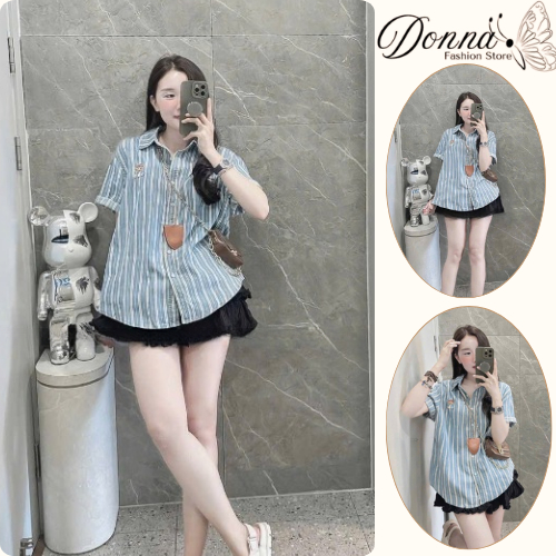 Áo sơ mi nữ, áo nữ DONNA HCOM26425 hoạ tiết kẻ sọc tay ngắn trẻ trung, dễ phối đồ