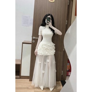 MIMI CLOTHING -Váy Maxi Trắng Phối Ren Và Hoa Nổi Dịu Dàng Tiểu Thư