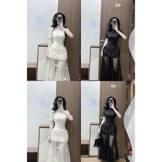 MIMI CLOTHING -Váy Maxi Trắng Phối Ren Và Hoa Nổi Dịu Dàng Tiểu Thư