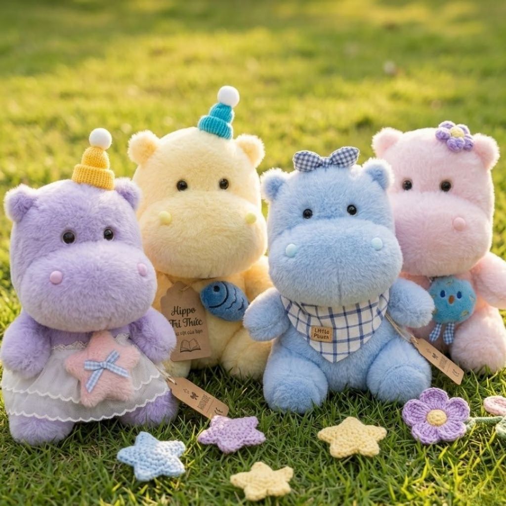 Gấu Bông Bé Hà Mã Phối Váy Đội Mũ Siêu Cute Đáng Yêu, Thú Nhồi Bông Con Hà Mã 25CM Quà Tặng Dễ Thương Cho Bé