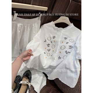 MIMI CLOTHING -Bộ Đồ Nữ Áo Trắng Thêu Hoa Phong Cách Tiểu Thư Hàn Quốc