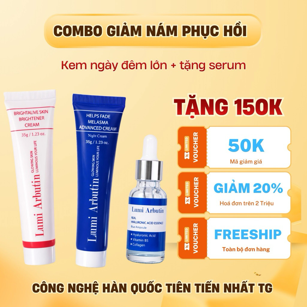 Combo Kem Ngày Đêm Lumi Arbutin Giảm Nám – Tặng Serum HA Phục Hồi Da, Dưỡng Sáng Mờ Thâm