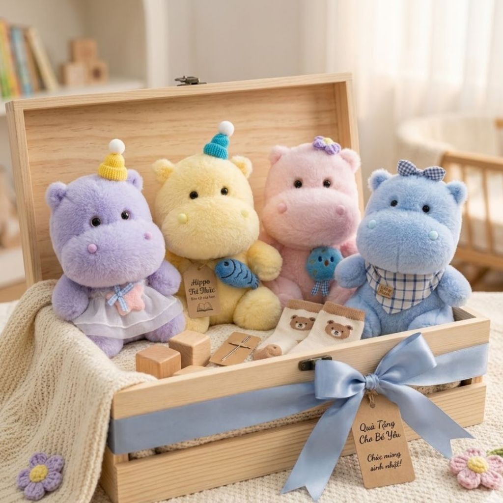 Gấu Bông Hà Mã Con Phối Đồ Cute Dễ Thương, Thú Nhồi Bông Con Hà Mã Mini Làm Quà Tặng Cho Bé.Decor