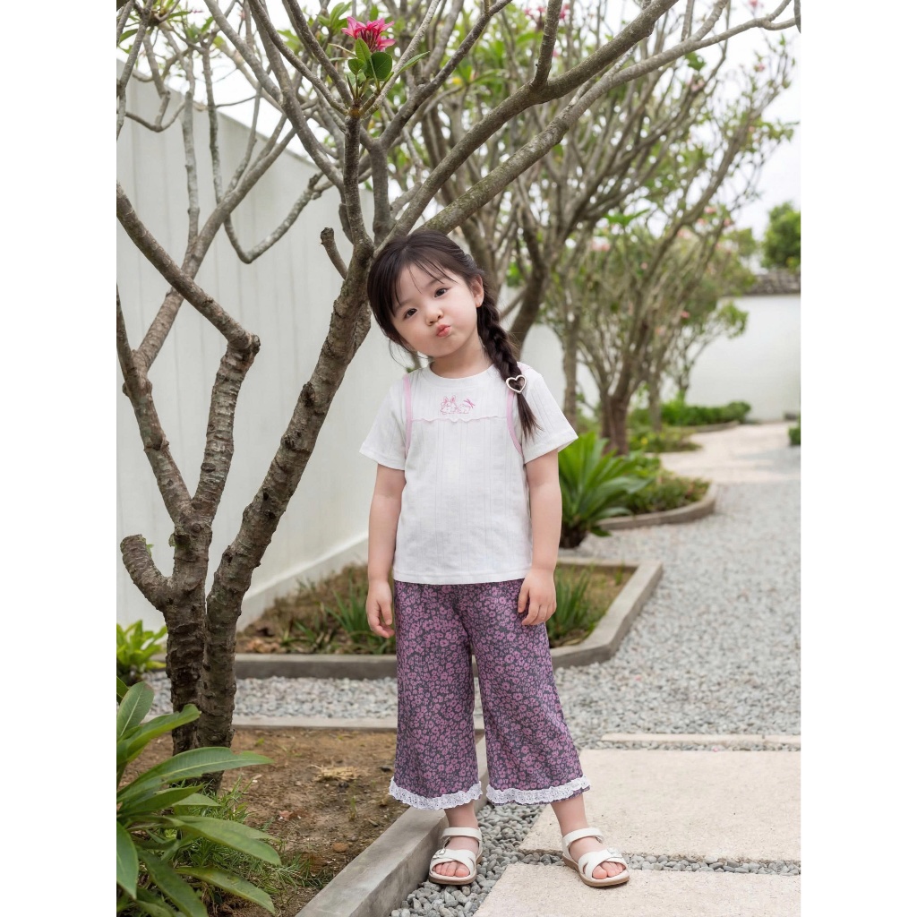 Set bộ cộc tay bé gái Miniumbaby thiết kế điệu đà mix quần dáng lửng, chất cotton thoáng khí SB2549